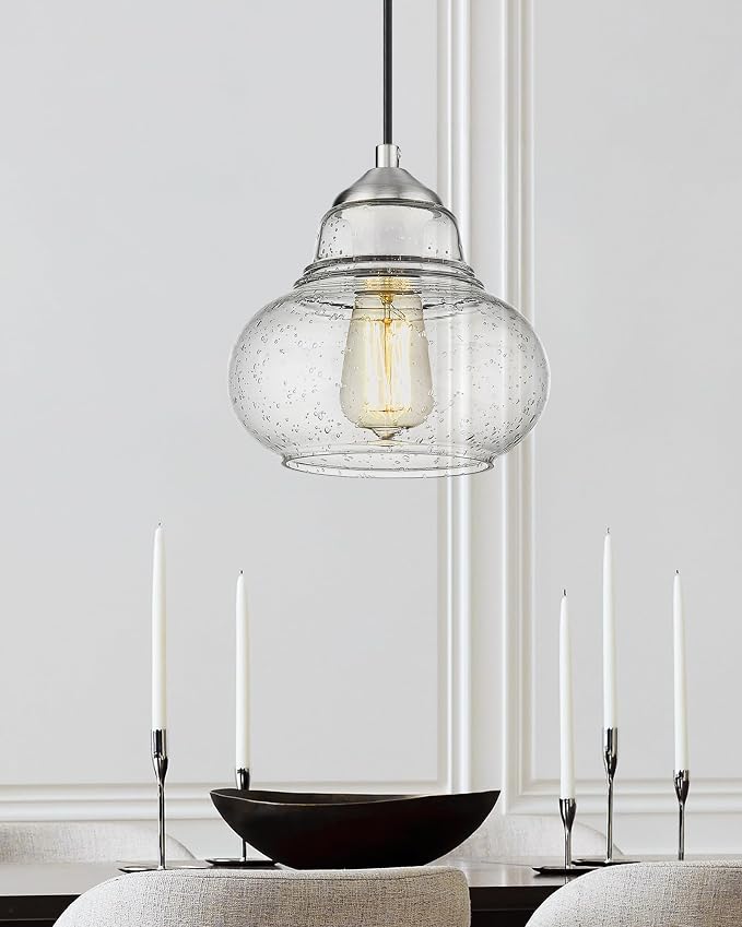 ELYONA 8 Inch Bubble Glass Pendant Light Industrial Kitchen Island Globe Hanging Pendant Light Fxiture Modern Hand Blown Seeded Glass for Farmhouse Dining Room Bar Bedroom Living Room Brushed Nickel