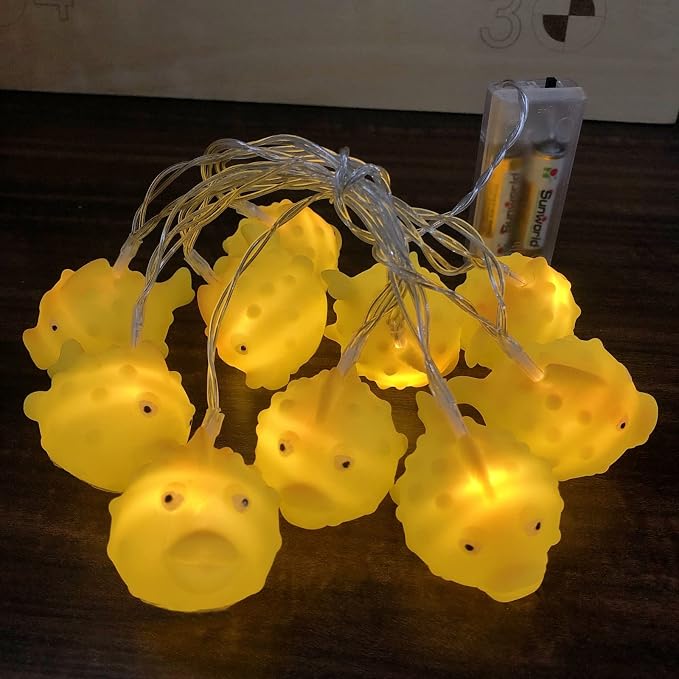 Cute Puffer Fish Night Lights 5.4FT 10 LED Battery Operated Cartoon Animal Fairy String Lights for Bedroom Home Holiday Yellow Theme Party Decoration (Puffer Fish, 1.65m/10LED)