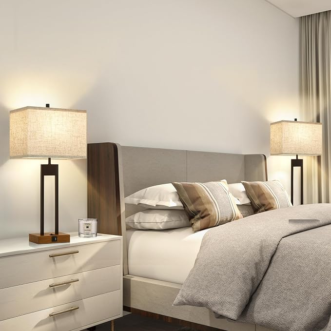 Extra Large 25.5'' Set of 2 Modern Bedroom Table Lamps with USB C+A Ports, Color Changeable, Brown Night Stand Lamps for Bedside, Guest Room, Office, Reading