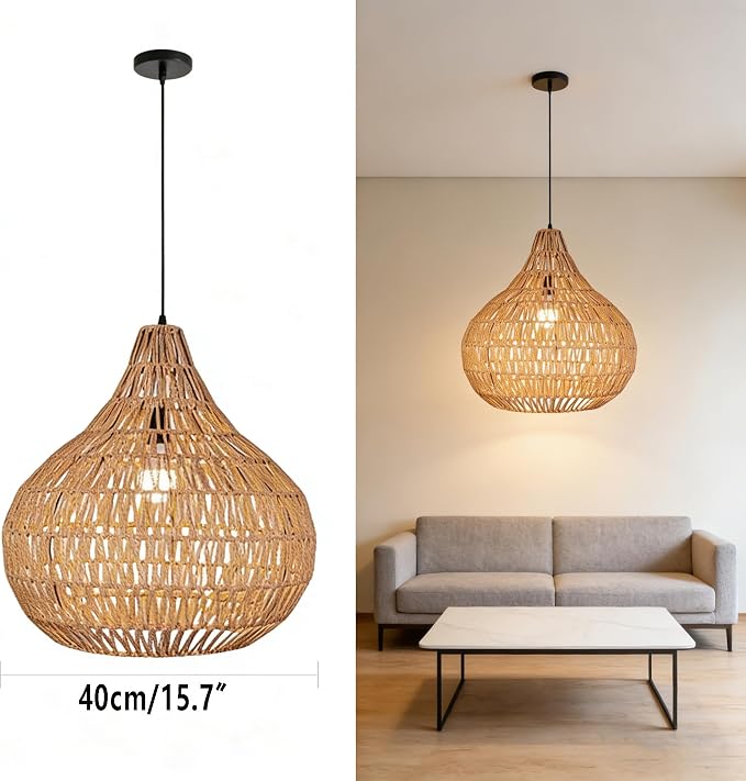 Pendant Light Fixtures Black Boho Chandelier 15.7-inch Rattan Shade Dome Light Fixtures Mid Century Farmhouse Pendant Lamps for Dining Room Kitchen Island Over Table, 1-Light