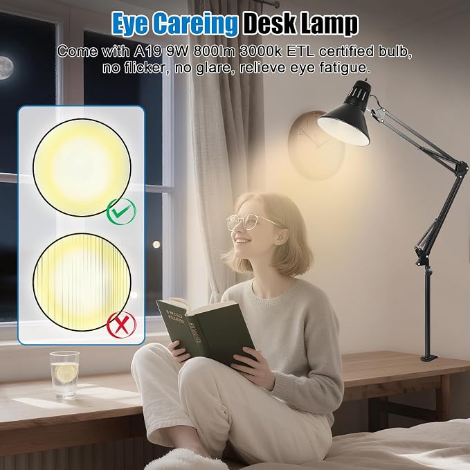 LED Clamp on Desk Lamp, 360°Adjustable Swing Arm Desk Lamp | Clamp Light with Eye-Caring LED Bulb for Home Office Reading Drafting