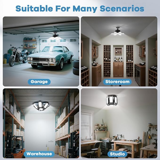4 Pack Garage Light - 180W 18000 LM 6500K Deformable Garage Lights Ceiling LED with 6+1 Adjustable Panels, Shop Lights E26/E27 Screw Socket for workshops, Parking, Basement, Storage Room