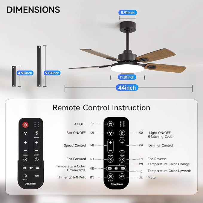 44 Inch Ceiling Fans with Lights and Remote for Bedroom Living Room Kitchen Office, Indoor/Outdoor Use, 5CCT Dimmable, Dual Color 5 Blades, 6 Speed Reversible Quiet DC Motor, Brown/Wood Grain