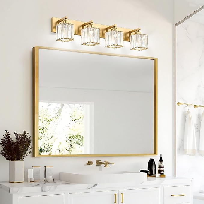 Gold Crystal Bathroom Vanity Light, 4-Light Modern Bathroom Lighting Fixtures Over Mirror,Chrome Wall Sconce Light Fixtures with Square Shade
