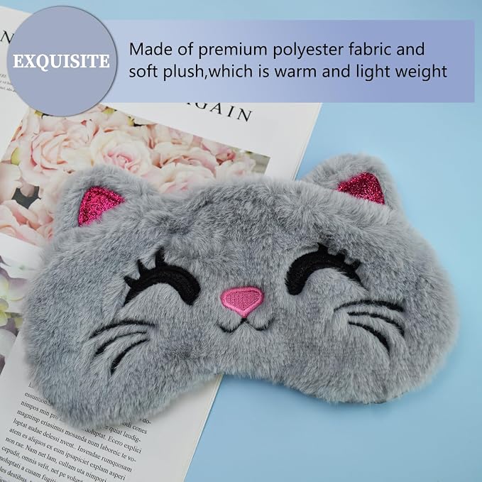 Cute Sleep Masks - Cartoon Animal Cat Eye Mask, Plush Sleeping Mask & Travel Blindfold - Funny Kitten Eye Shade for Women Men (Grey Cat)