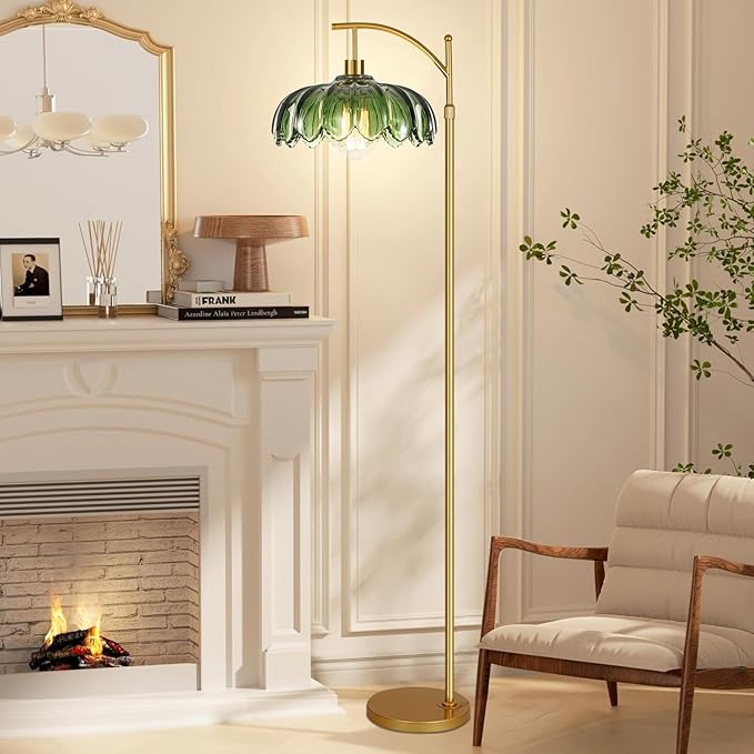 QIYIZM Gold Floor Lamp for Living Room,Bedroom,Mid Century Modern Standing Lamp with Remote,Dimmable Brass Tall Lamp Green Glass Lamp Vintage Retro Arc Floor Lamps Flower Floor Light Boho Bohemian