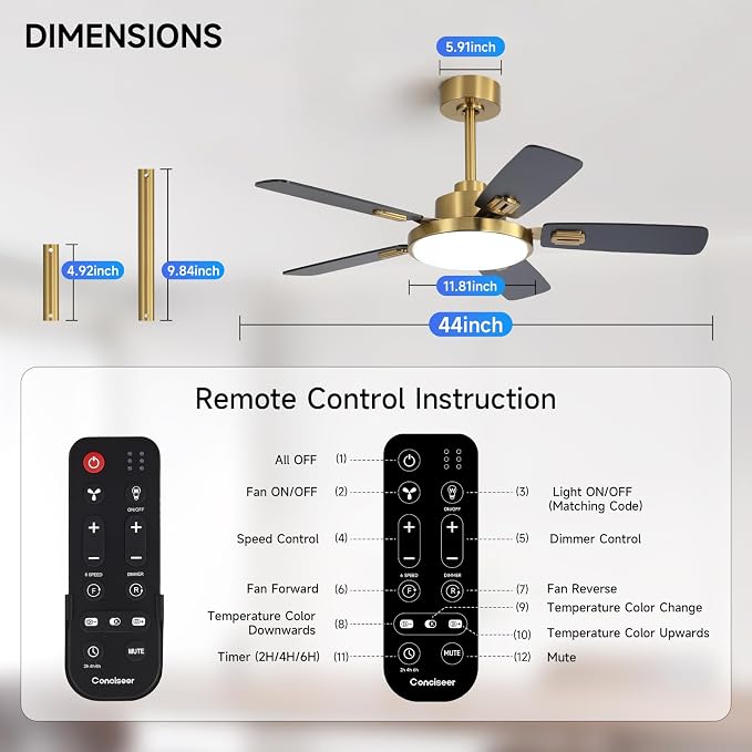 44 Inch Ceiling Fans with Lights and Remote for Bedroom Living Room Kitchen Office, Indoor/Outdoor Use, 5CCT Dimmable, Dual Color 5 Blades, 6 Speed Reversible Quiet DC Motor, Gold/Wood Grain