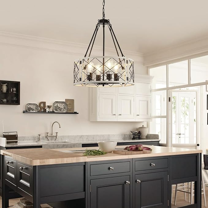 20'' Farmhouse Chandelier, 4-Light Black & Vintage White Dining Room Light Fixture Over Table, Rustic Industrial Drum Hanging Pendant Lights for Kitchen Island Living Room Bedroom Hallway Entryway