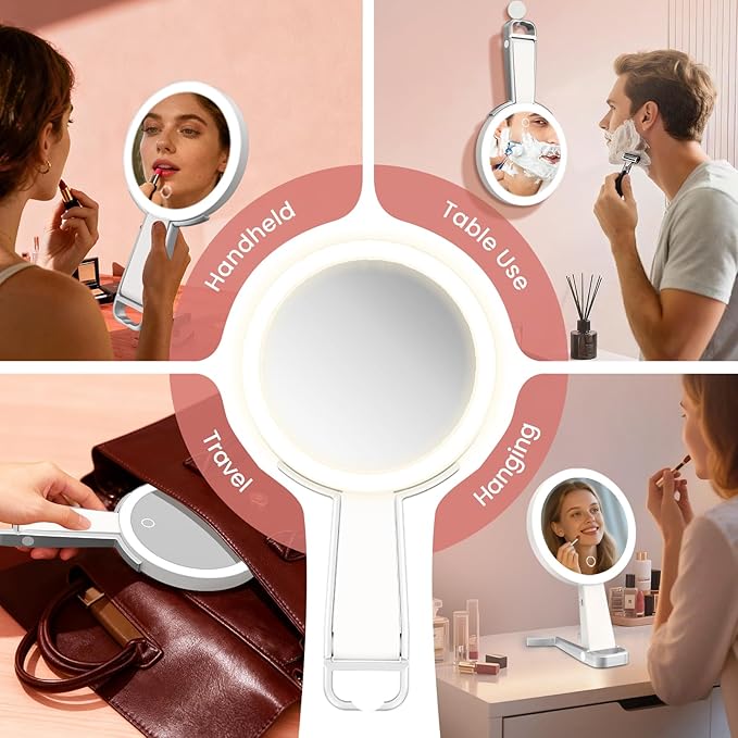 Makeup Mirror with Lights, 10X /1X Double-Sided Lighted Makeup Mirror with Magnification, Rechargeable Magnifying Mirror with 3 Color Lights, Portable Make up Mirror 3 in 1 Tabletop/Handheld/Hanging