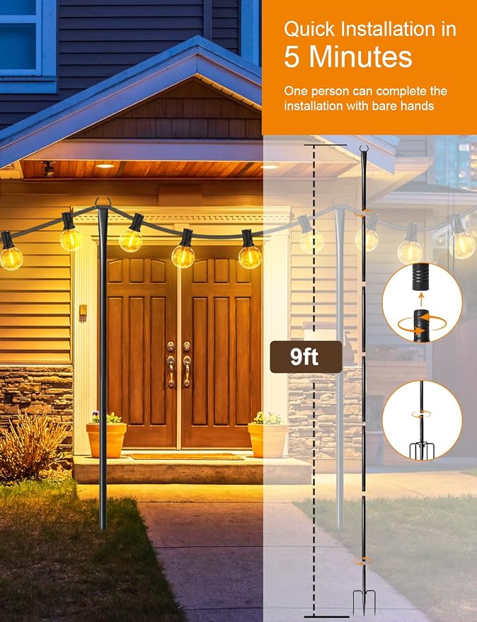 8 Pack String Light Poles for Outside with Ground Stakes and Fence Clips | Adjustable 7-section metal patio light poles for string lights and lanterns; for garden, patio, backyard and outdoor decor.