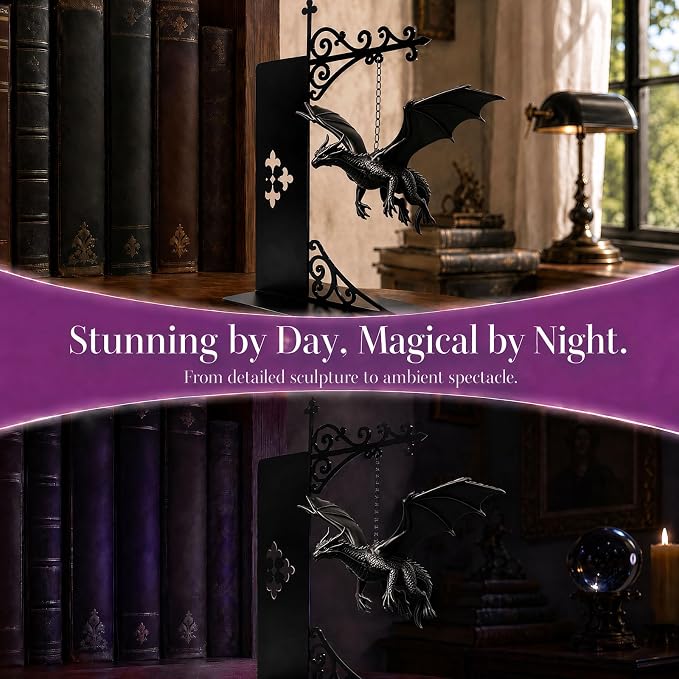Magical Floating Dragon Bookshelf Lamp, Warm LED Dragon Night Light, Fantasy Reading Nook Decor, Unique Gift for Fantasy Lovers and Book Readers (Black)