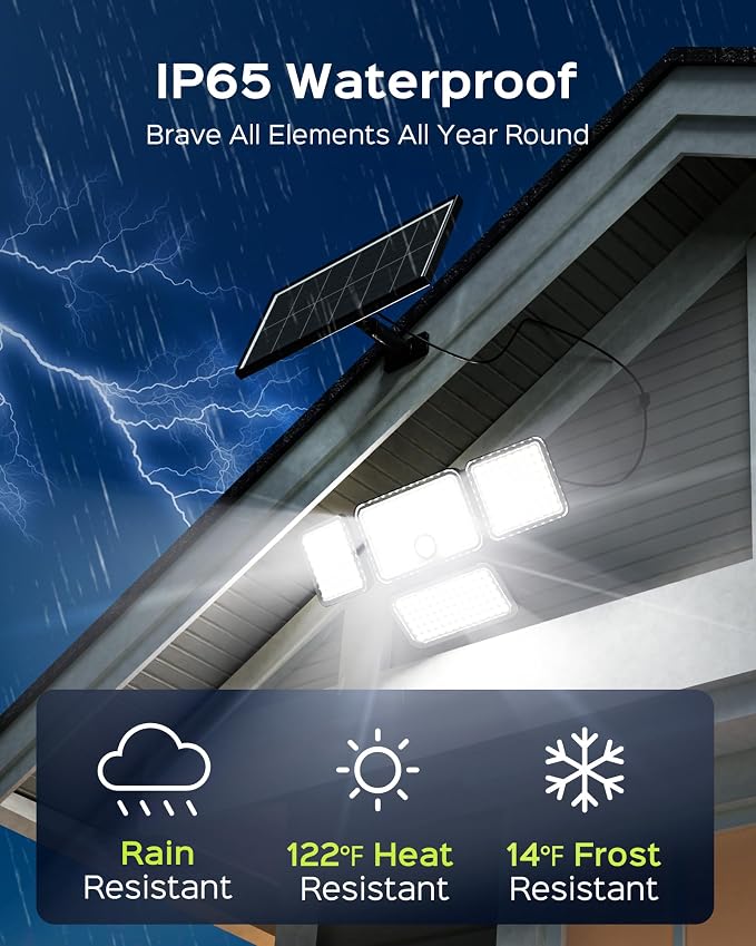 SUPERDANNY Solar Lights Outdoor Remote Control with 16.4ft Cable 1 Pack | 3 Modes 4-Head Motion Sensor Outdoor Flood Lights Dusk to Dawn, IP65 Waterproof, Solar Lights for Garden Barn Porch