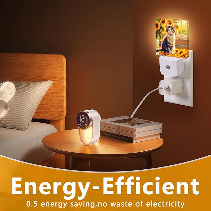 Cute Cat Sunflower Night Light, Plug-into Nightlight White LED Lamp, Energy Efficient Decor Desk Lamp for Bedroom Hallway Stairs Bathroom