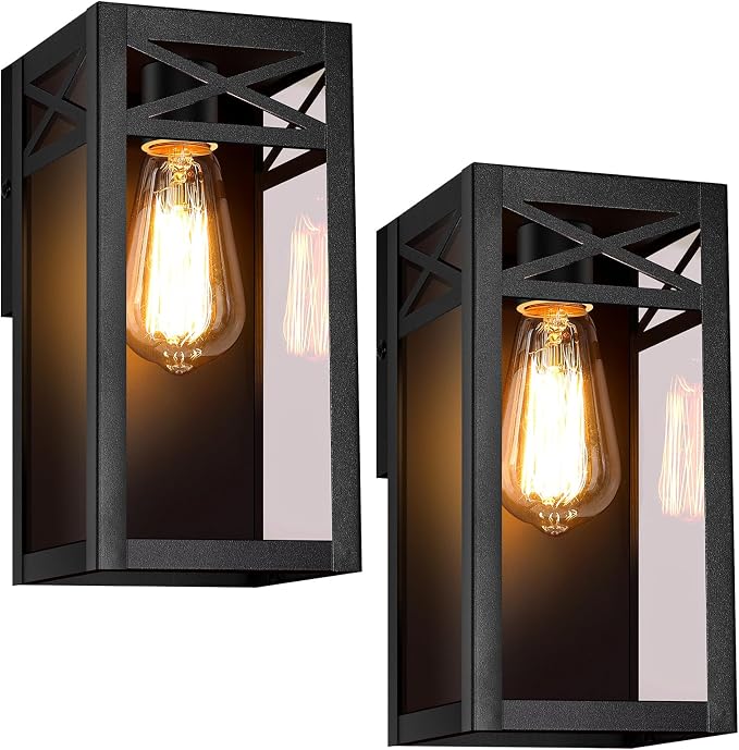 Outdoor Wall Light Fixtures, Black Exterior Waterproof Lanterns, 2-Pack | Porch Light with Glass Shade, Sconces Wall Mount Lighting with E26 Socket, Anti-Rust Wall Lamps for Patio Front Door Entryway