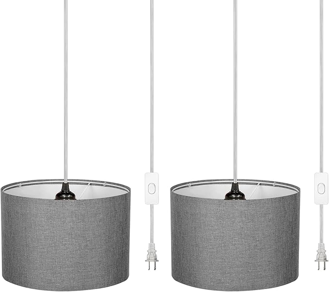 15FT Plug in Pendant Light with Switch,Hanging Lamp with Plug in Cord, Hanging Light Pendant Lamp with Remote Control,Pendant Light Fixture for Living Room Bedroom Farmhouse (Grey x2)
