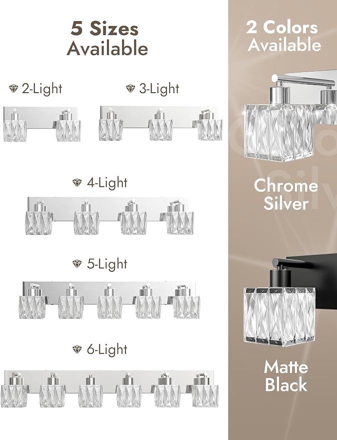 VOLISUN Chrome Bathroom Light Fixtures, Modern Stainless Steel Bathroom Lighting Fixtures Over Mirror, 6 Light Bathrooms Vanity Light, Crystal Vanity Light for Bathrooms-UL Certificated(Exclude Bulb)