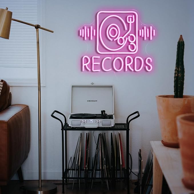 Records Neon Sign For Wall Decor Jukebox Music Light Up Sign Powered by USB Dimmable Pink Led Music Records Neon Light for Video Shop Karaoke Bar Party Bedroom Gifts(15.7"*12.2")