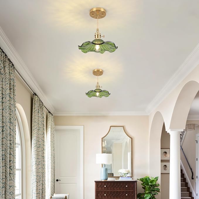 Glass Pendant Light Vintage Light Fixtures,Green Modern Chandelier Pendant,E26 8.8" Adjustable Hanging Light,Pendant Lights Kitchen Island for Entryway Dining Room 1 Light