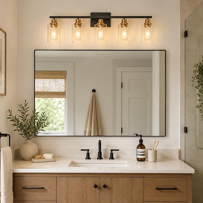 Modern Bathroom Light Fixtures, 5 Light Vanity Lights Over Mirror, Black and Gold Wall Lamp with Clear Glass for Living Room Cabinet Bedroom Porch