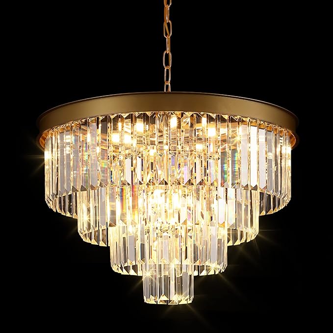 Modern Crystal Chandeliers Gold 24” Round Chandelier for Dining Room 12 Light Ceiling Pendant Light Fixture Raindrop Luxury Gold Flush Mount Chandelier for Entryway Living Room