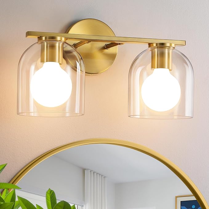 WOSHITU Bathroom Vanity Light Fixtures: 14.2 Inch Modern Gold Bathroom Light Fixtures Over Mirror with Clear Glass Shade, Brushed Gold 2 Light Wall Mount Sconces Above Mirror