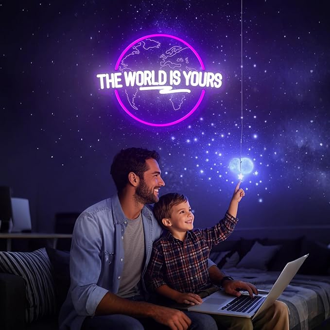 The World Is Yours Neon Sign Dimmable Carved Planet The World Is Yours LED Signs Purple Neon Sign for Bedroom Classroom Man Cave Game Room Birthday Christmas Gifts for Kids