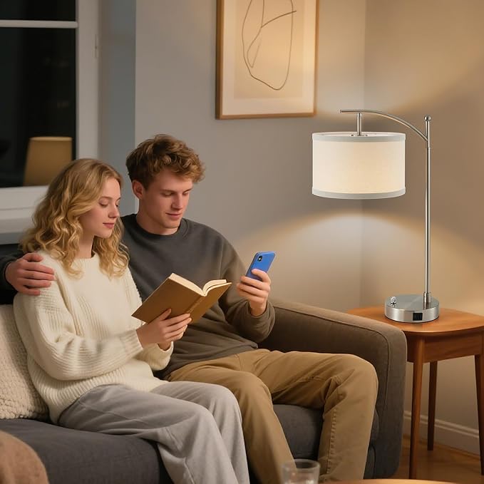 Table Lamp for Living Room Bedroom, 23.5" Table Lamps Set of 2 with USB C+A Ports, Bedside Lamps for Nightstand with Linen Lamp Shades, 2 Dimmable LED Bulbs Included, Silver