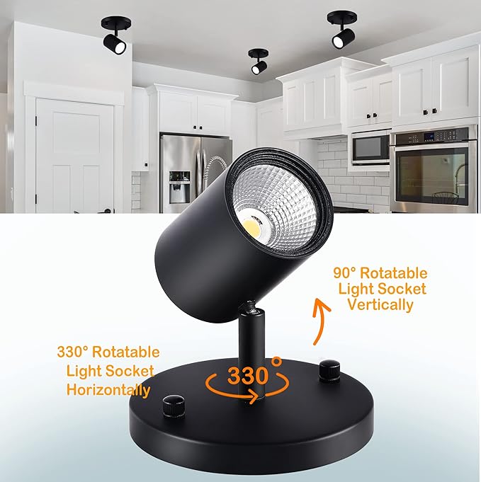 CLOUDY BAY LED Flush Mount Ceiling Spot Light,CRI90+ 9W 3000K 4000K 5000K Selectable Dimmable,Adjustable Tilt Angle Ceiling Track Light Head,Black