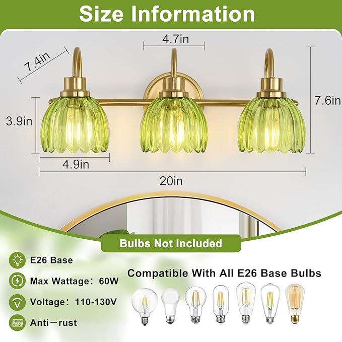 Bathroom Light Fixtures (3-Light, 20 Inch), Brushed Gold Vanity Lights for Bathroom with Ribbed Green Tulip Glass Shade, Vintage Vanity Wall Lights for Mirror Bedroom Living Room Hallway