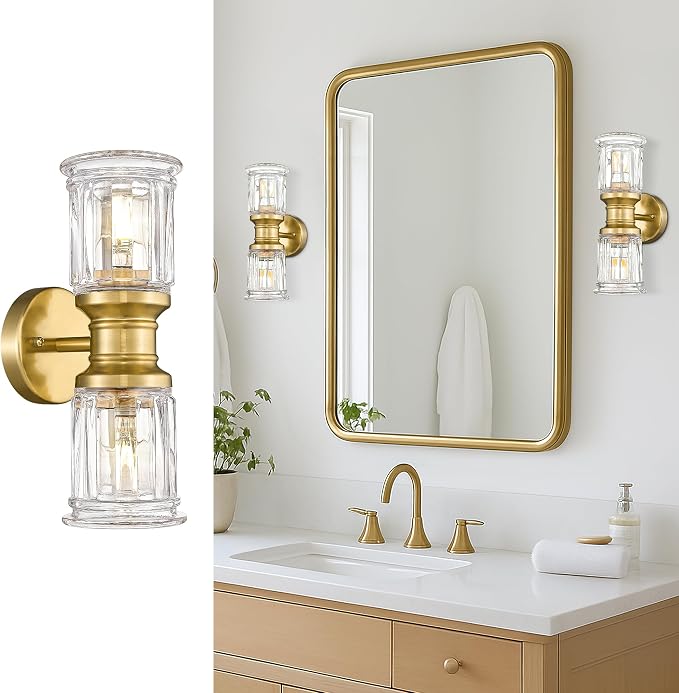 Gold Wall Sconces, HWH Single Wall Vanity Light Fixture for Bathroom Living Room Bedroom, Bathroom Wall Sconces with Bell-Shaped Clear Glass, Gold Finish, 5HZG106B-2W BG