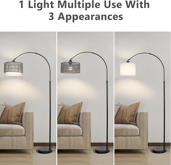 Boho Floor Lamps for Living Room, Arc Floor Lamp for bedroom with Remote and Dimmable Bulb, Over Couch Standing Lamp, Farmhouse Tall Lamp with 3 Color Temperatures, Height Adjustable Corner Floor Lamp