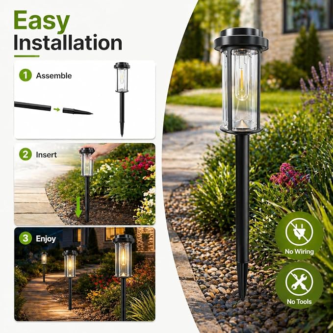 DERAYSION 12 Pack Solar Lights Outdoor, 21" Solar Pathway Lights Auto On/Off Waterproof Garden Lights for Path, Yard, Walkway, Driveway Decor, Warm White