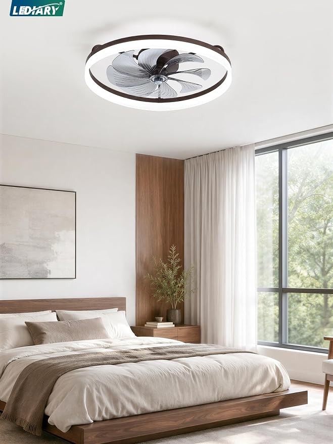 LEDIARY 23" Low Profile Ceiling Fans with Lights, APP & Remote, Brown | Flush Mount, Dimmable LED, Quiet DC Motor, Reversible, 6 Speeds, Fandelier, for Bedroom