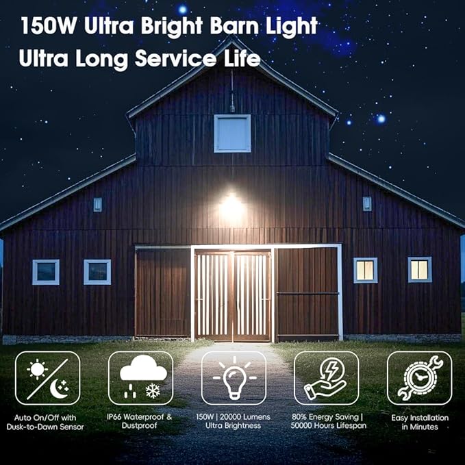 150W 4 Pack 20000LM Dusk to Dawn Outdoor Lighting, LED Barn Lights Outdoor with 150ยฐ Adjustable Photocell Pole Light 6500K Flood Light, IP66 Waterproof Area Street Light for Garage Yard