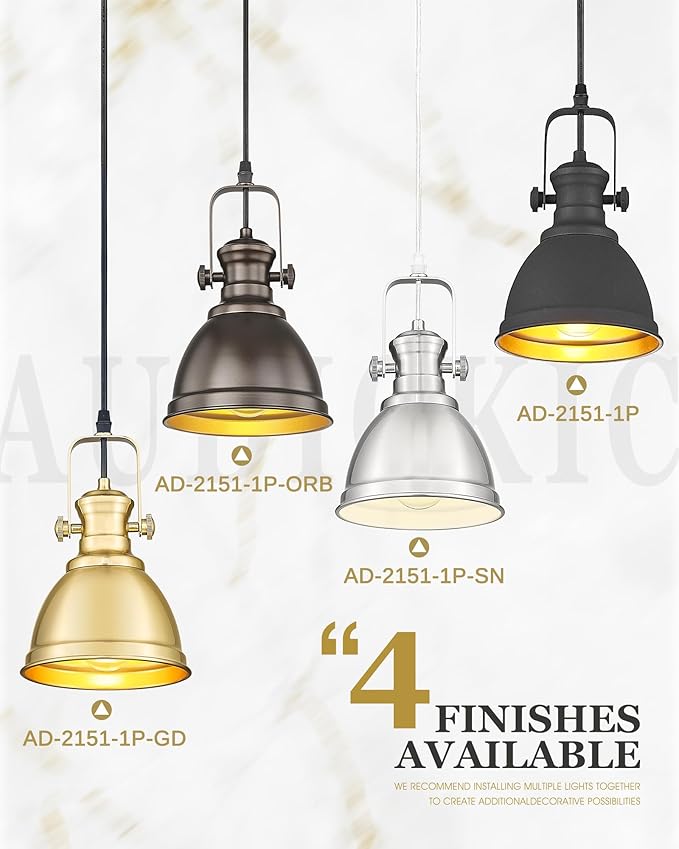 2 Pack Pendant Lights Kitchen Island, Farmhouse Hanging Lights Fixtures with Metal Shade, Rustic Kitchen Pendant Lighting Over Island for Dining Room, Brushed Nickel, AD-2151-1P2-SN