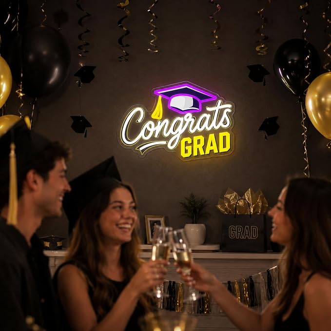 Congrats Grad Neon Sign Dimmable LED Graduation Party Wall Decor | Congrats LED Neon Light with Graduation Cap for Classroom, Dorm, Prom Backdrop, Graduation Party Decorations & Gifts