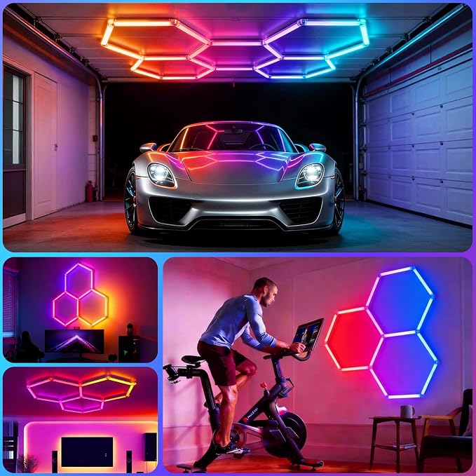 HYPERLITE Hexagon Garage Lights: Gen IV-3 Grid RGB Hexagon LED Lights with Music Sync Mode, App & Remote Control, Multi-Color Honeycomb Light for Gaming Room, Gym, Garage