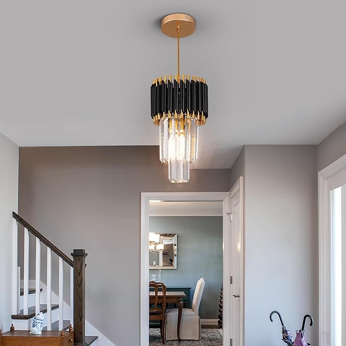 Crystal Chandelier Gold Pendant Light Fixtures Modern Crystal Pendant Light for Kitchen Island D7.5'' Black and Gold Chandelier for Dining Room Bedroom Living Room Hanging Light with a Bulb