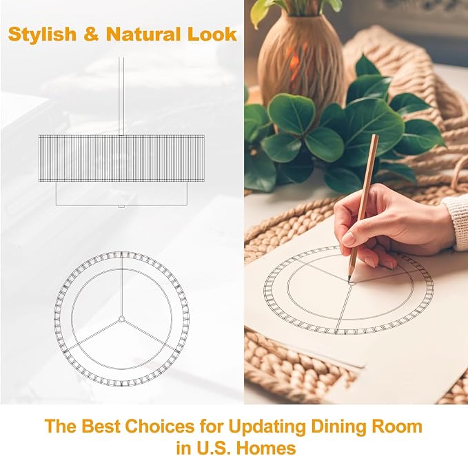 9"-52" Height Adjustable Farmhouse Chandelier Light Fixture, 5-Light Rattan Boho Chandeliers for Dining Room, Hand Woven Pendant Light with Linen Shade, Rustic Hanging Lighting for Kitchen Island