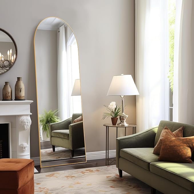 Arched Full Length Floor Mirror, 21"x64" Body Wall Mirror with Stand | Shatter-Proof Nano Glass, Tall Standing, Hanging or Leaning, Aluminum Alloy Frame for Bedroom, Modern Home Decor, Gold