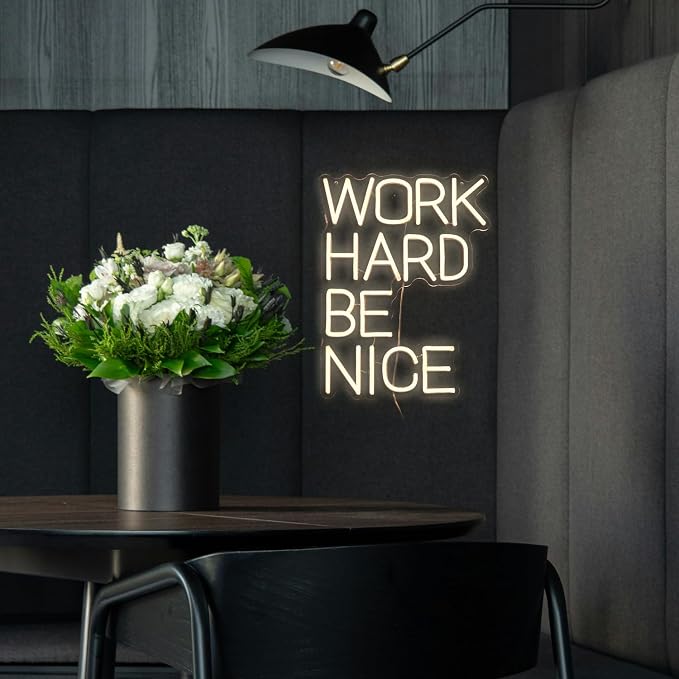 Work Hard Be Nice Neon Sign for Wall Decor Warm White Neon Light Powered by USB Dimmable LED Letters Neon Light Sign for Office Study Room Classroom Bedroom Meeting Room Neon Decor