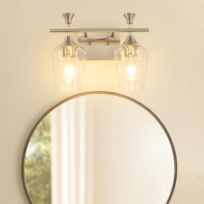 Bathroom Light Fixtures (2-Light, 14 Inch), Brushed Nickel Vanity Lights for Bathroom with Clear Wine Glass Glass Shade, Modern Vanity Wall Lights for Mirror Bedroom Living Room Kitchen Hallway Porch