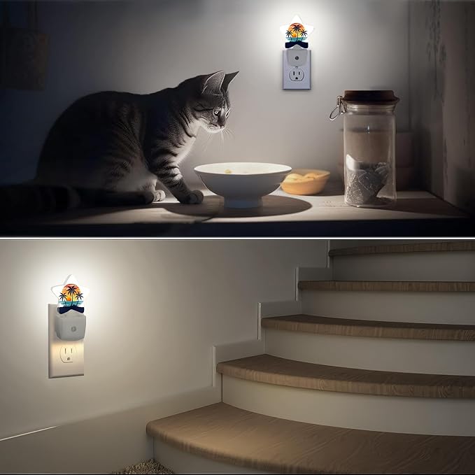 Tropical Sunset Tree Night Light Plug-in Dusk to Dawn Smart Sensor White Led Nightlight for Bedroom Bathroom Kitchen Hallway Stairs Energy Efficient Decor Desk Lamp