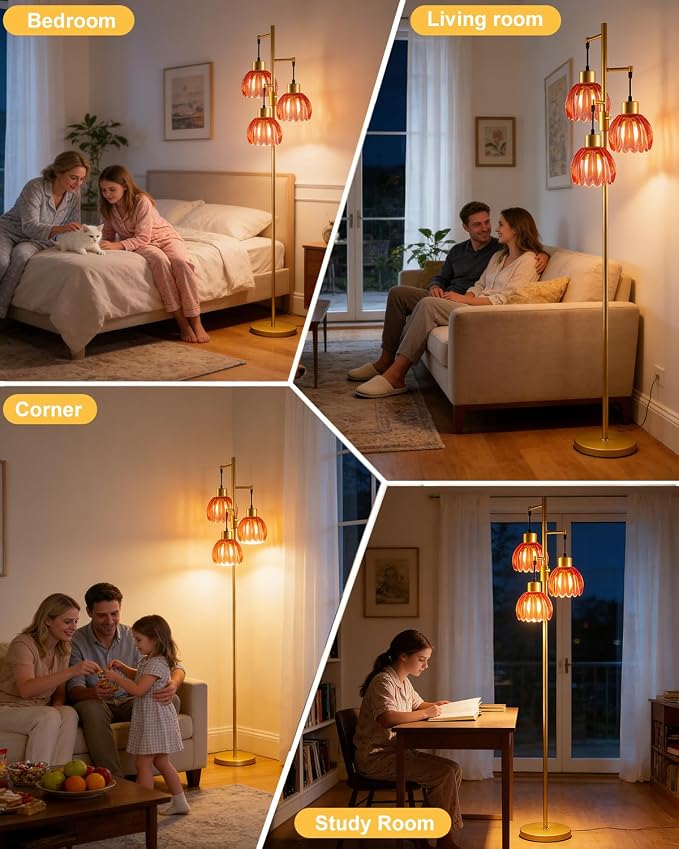 Lightdot 65'' Glass Floor Lamp Dimmable Gold with Deep Red Lotus Glass Shade & 3000K Bulbs Included 3-Lights Modern Tall Standing Lamp with 5Lbs Heavy Base for Living Room/Bedroom/Sofa/Corner Decor