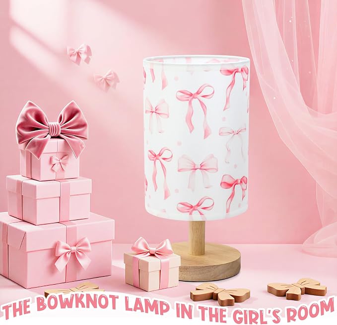 Bow Kids Table Lamp for Bedroom Kids Bedside Lamp with Linen Wooden Nightstand Cartoon Nursery Lampshade for Girls Room Pink Bow Decor
