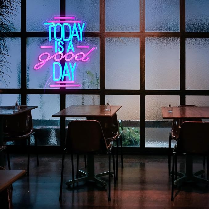 Today Is A Good Day Neon Sign Coffee Cup Milk Neon Light for Wall Decor Dimmable USB Powered 12.4 * 14.2 Inch Led Letter Neon Light Glass Sign for Coffee Shop Wedding Bedroom Party (Blue Pink)