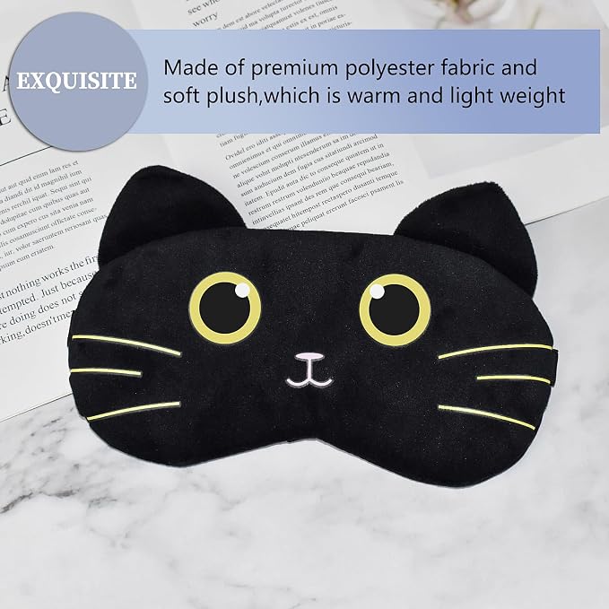 Cute Sleep Masks Cartoon Animal Cat Eye Mask Plush Sleeping Mask & Travel Blindfold - Funny Kitten Eye Shade for Women Men (Black Cat-2)