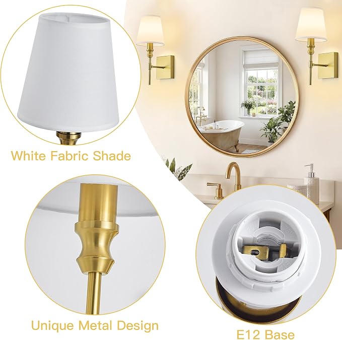 Hardwired Gold Wall Sconces Set of Two, Rustic Bathroom Vanity Lights with White Fabric Shades, Vintage Light Fixtures Convertible Height Wall Light for Living Room Bedroom,Farmhouse,E12 Base
