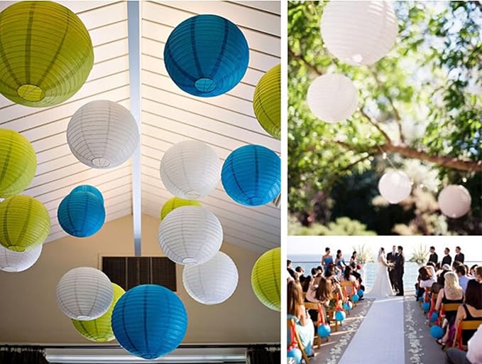 12pcs Paper Lanterns with 12pcs LED Lights, 6" 8" 10" 12" Round Hanging Ball Lantern for Wedding Anniversary Birthday Party Decorations