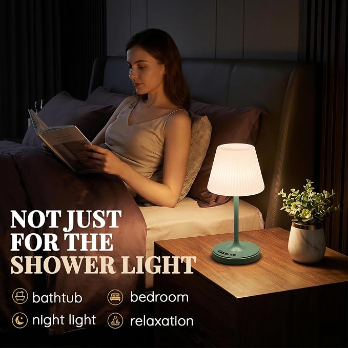 Waterproof Shower Lamp Outdoor Cordless Table Lamp, 3-Color Dimmable -Green | 4000mAh, touch, weighted base, bathroom shower light, patio dinner, RV camping, charge your phones, memory night light